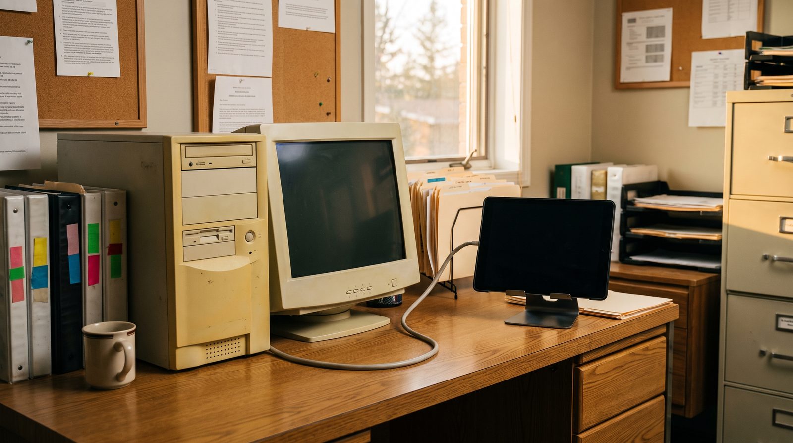 An old desktop scheduling program on a monitor beside a modern CRM dashboard